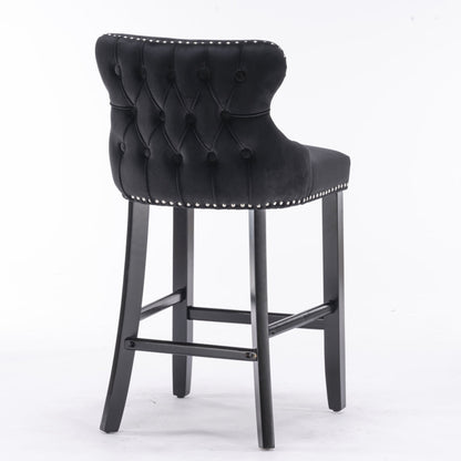 2x Velvet Upholstered Button Tufted Bar Stools with Wood Legs and Studs-Black - Cosy Abode