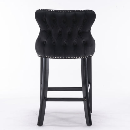 2x Velvet Upholstered Button Tufted Bar Stools with Wood Legs and Studs-Black - Cosy Abode