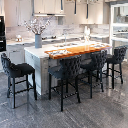 2x Velvet Upholstered Button Tufted Bar Stools with Wood Legs and Studs-Black - Cosy Abode
