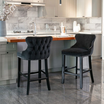 2x Velvet Upholstered Button Tufted Bar Stools with Wood Legs and Studs-Black - Cosy Abode