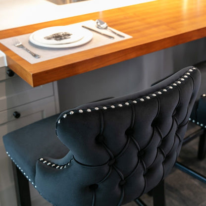 2x Velvet Upholstered Button Tufted Bar Stools with Wood Legs and Studs-Black - Cosy Abode