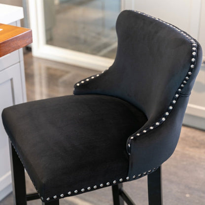 2x Velvet Upholstered Button Tufted Bar Stools with Wood Legs and Studs-Black - Cosy Abode