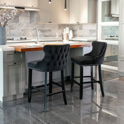 2x Velvet Upholstered Button Tufted Bar Stools with Wood Legs and Studs-Black - Cosy Abode