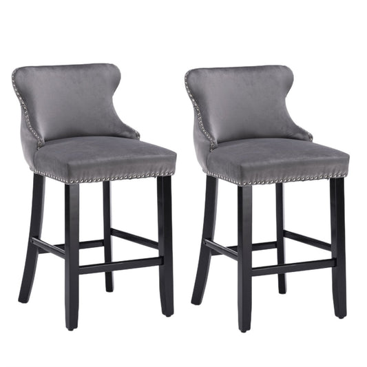 2x Velvet Upholstered Button Tufted Bar Stools with Wood Legs and Studs-Grey - Cosy Abode