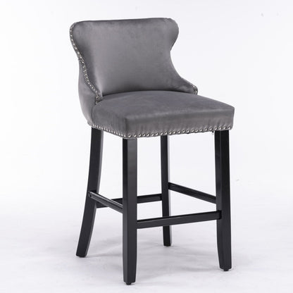 2x Velvet Upholstered Button Tufted Bar Stools with Wood Legs and Studs-Grey - Cosy Abode