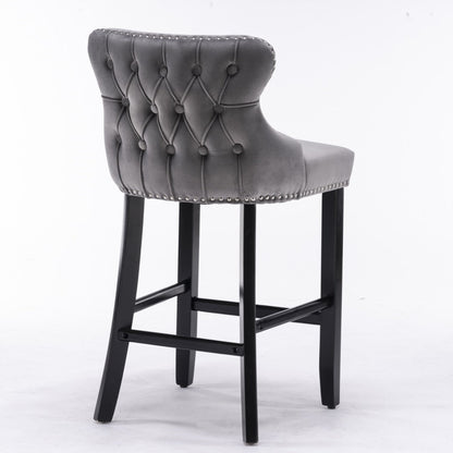 2x Velvet Upholstered Button Tufted Bar Stools with Wood Legs and Studs-Grey - Cosy Abode
