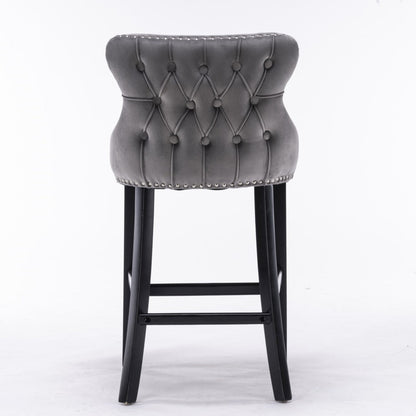 2x Velvet Upholstered Button Tufted Bar Stools with Wood Legs and Studs-Grey - Cosy Abode