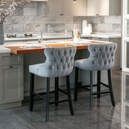 2x Velvet Upholstered Button Tufted Bar Stools with Wood Legs and Studs-Grey - Cosy Abode