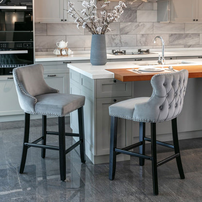 2x Velvet Upholstered Button Tufted Bar Stools with Wood Legs and Studs-Grey - Cosy Abode