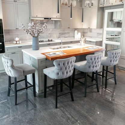 2x Velvet Upholstered Button Tufted Bar Stools with Wood Legs and Studs-Grey - Cosy Abode