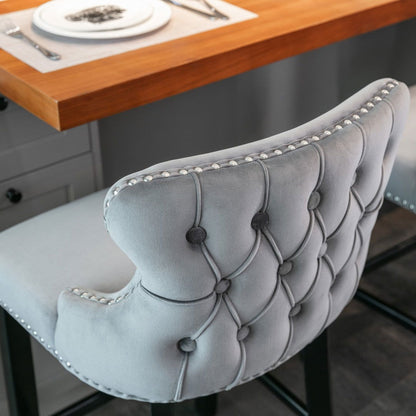 2x Velvet Upholstered Button Tufted Bar Stools with Wood Legs and Studs-Grey - Cosy Abode