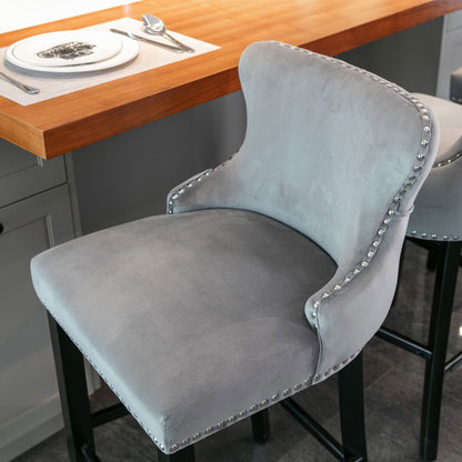 2x Velvet Upholstered Button Tufted Bar Stools with Wood Legs and Studs-Grey - Cosy Abode