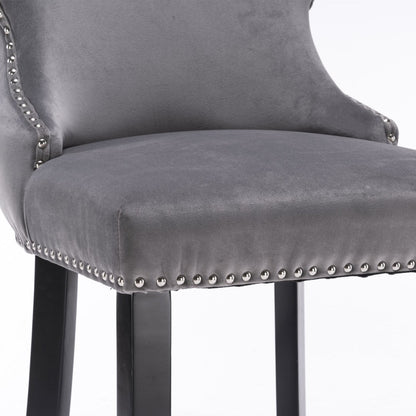 2x Velvet Upholstered Button Tufted Bar Stools with Wood Legs and Studs-Grey - Cosy Abode