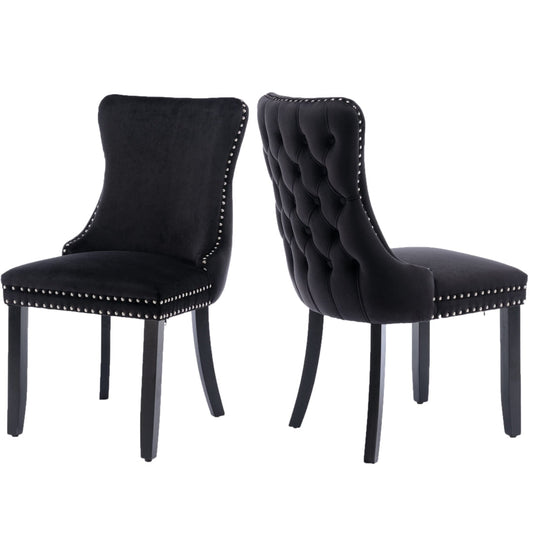 2x Velvet Upholstered Dining Chairs Tufted Wingback Side Chair with Studs Trim Solid Wood Legs for Kitchen - Cosy Abode