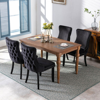 2x Velvet Upholstered Dining Chairs Tufted Wingback Side Chair with Studs Trim Solid Wood Legs for Kitchen - Cosy Abode