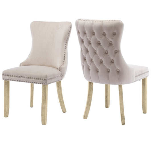 2x Velvet Upholstered Dining Chairs Tufted Wingback Side Chair with Studs Trim Solid Wood Legs for Kitchen - Cosy Abode