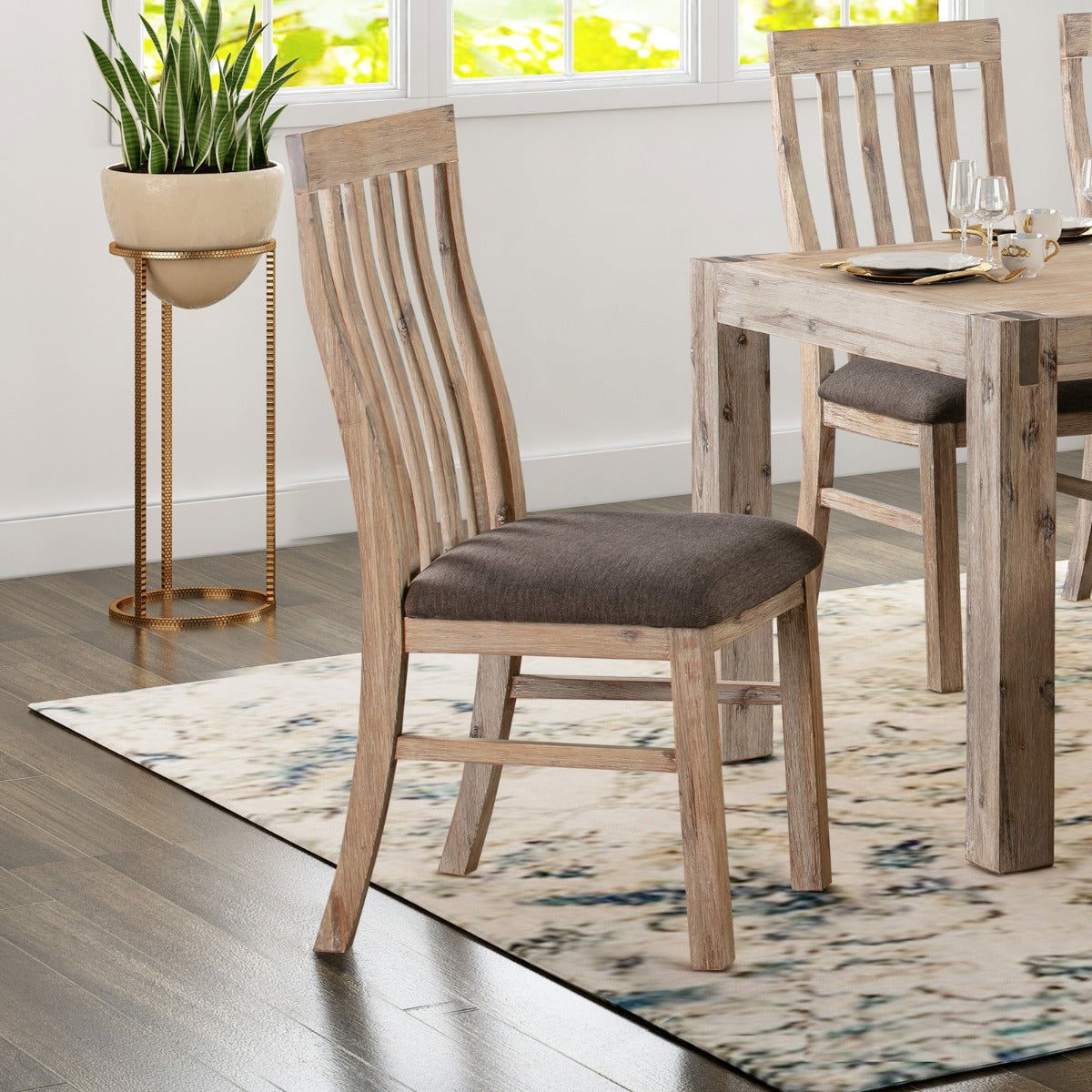 2x Wooden Frame Leatherette in Solid Acacia Wood & Veneer Dining Chairs in Oak Colour - Cosy Abode