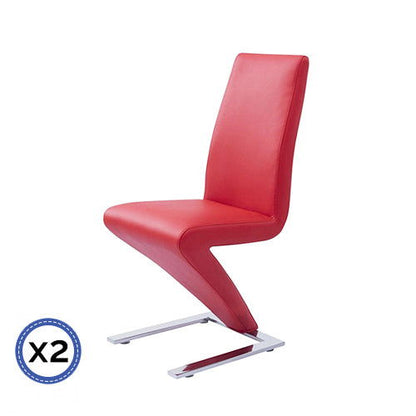 2x Z Shape Red Leatherette Dining Chairs with Stainless Base - Cosy Abode