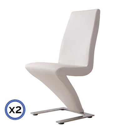 2x Z Shape White Leatherette Dining Chairs with Stainless Base - Cosy Abode