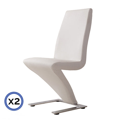 2x Z Shape White Leatherette Dining Chairs with Stainless Base - Cosy Abode