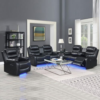 3-2-1 Seater Seater Finest Black Leatherette Recliner Feature Console LED Light Ultra Cushioned - Cosy Abode