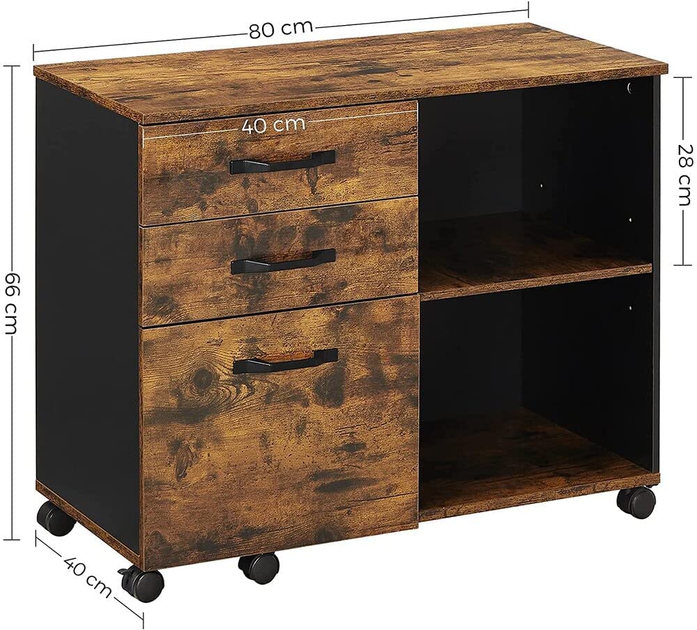 3-Drawer File Cabinet with Open Compartments for A4 Rustic Brown and Black - Cosy Abode