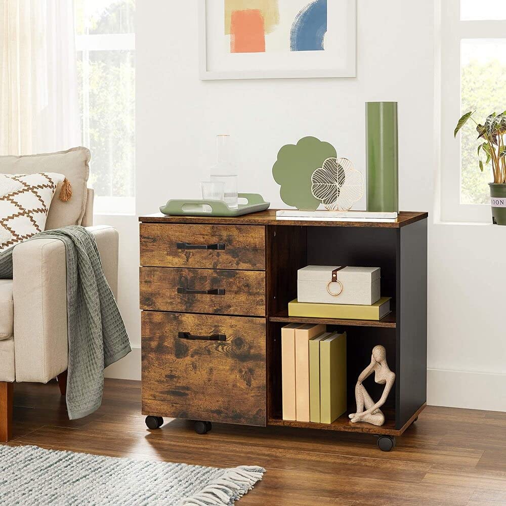 3-Drawer File Cabinet with Open Compartments for A4 Rustic Brown and Black - Cosy Abode