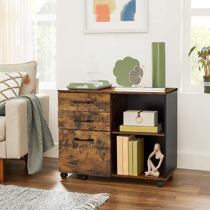 3-Drawer File Cabinet with Open Compartments for A4 Rustic Brown and Black - Cosy Abode
