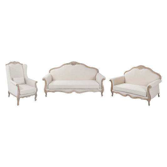 3S+2S+1X Wing Chair Oak Wood White Washed Finish Rolled Armrest Linen Sofa Fabric - Cosy Abode