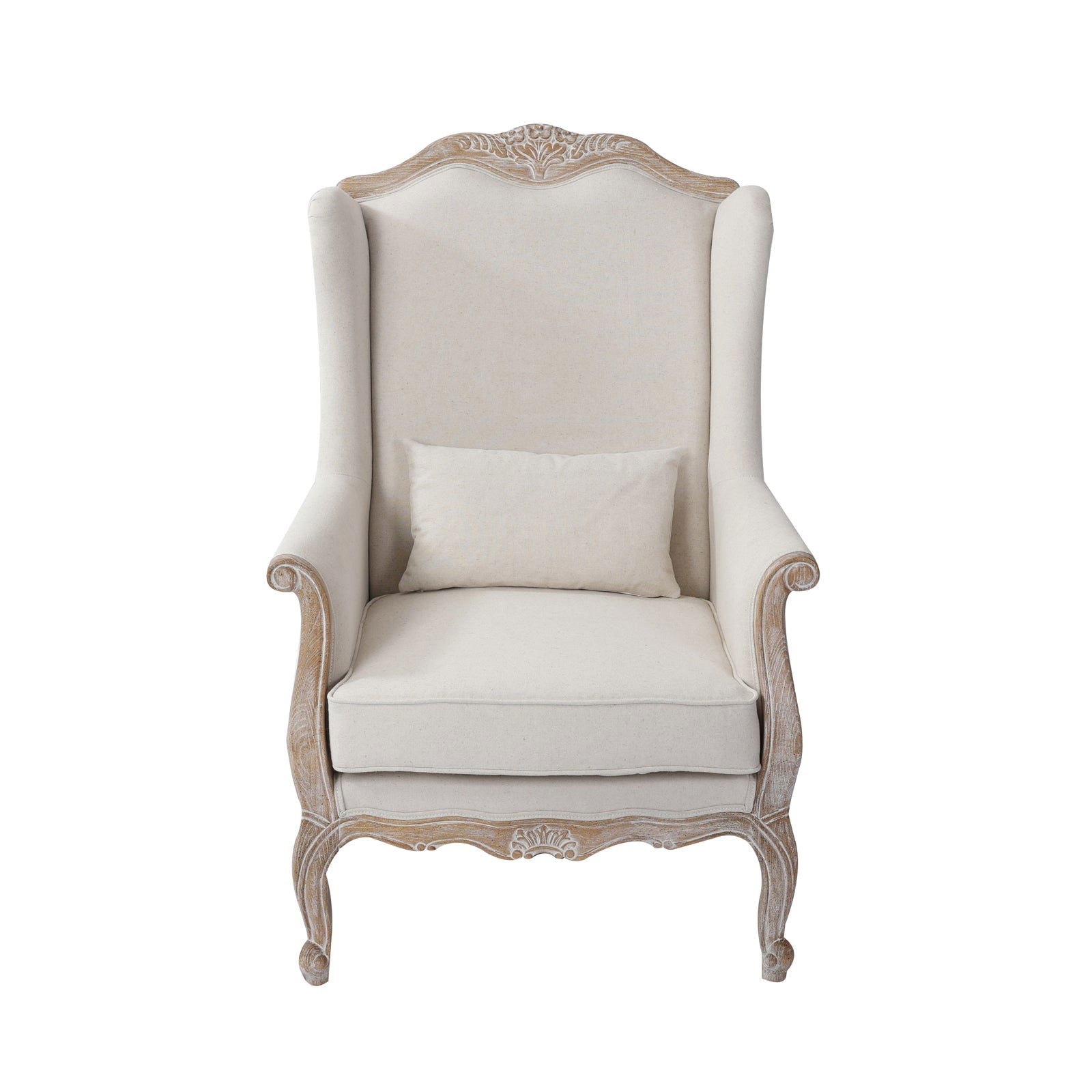 3S+2 XWing Chair Oak Wood White Washed Finish Rolled Armrest Linen Sofa Fabric - Cosy Abode