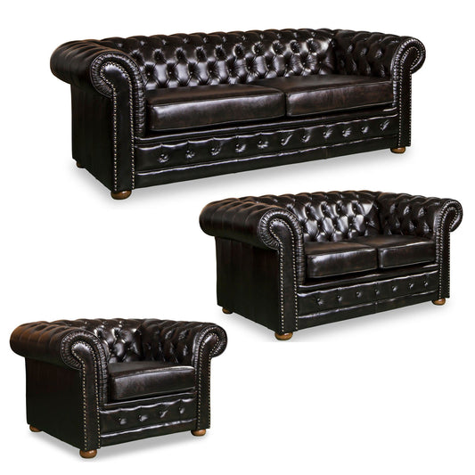 3+2+1 Seater Genuine Leather Upholstery Deep Quilting Pocket Spring Button Studding Sofa Lounge Set for Living Room Couch In Brown Colour - Cosy Abode