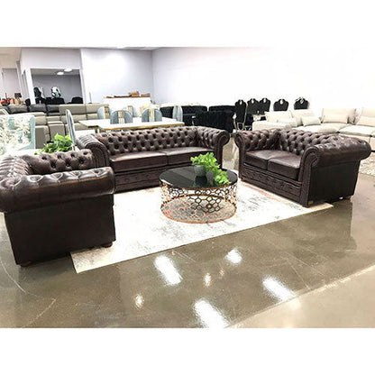 3+2+1 Seater Genuine Leather Upholstery Deep Quilting Pocket Spring Button Studding Sofa Lounge Set for Living Room Couch In Brown Colour - Cosy Abode