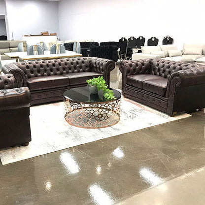 3+2+1 Seater Genuine Leather Upholstery Deep Quilting Pocket Spring Button Studding Sofa Lounge Set for Living Room Couch In Brown Colour - Cosy Abode