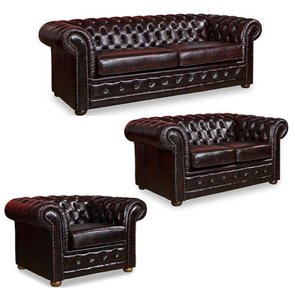 3+2+1 Seater Genuine Leather Upholstery Deep Quilting Pocket Spring Button Studding Sofa Lounge Set for Living Room Couch In Burgandy Colour - Cosy Abode