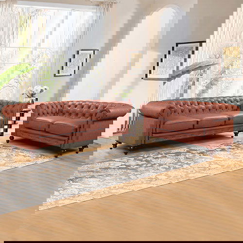 3+2 Seater Brown Sofa Lounge Chesterfireld Style Button Tufted in Faux Leather - Cosy Abode