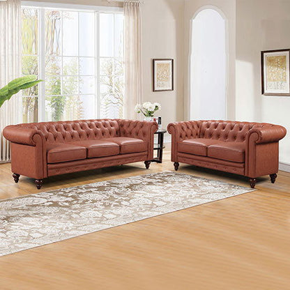 3+2 Seater Brown Sofa Lounge Chesterfireld Style Button Tufted in Faux Leather - Cosy Abode