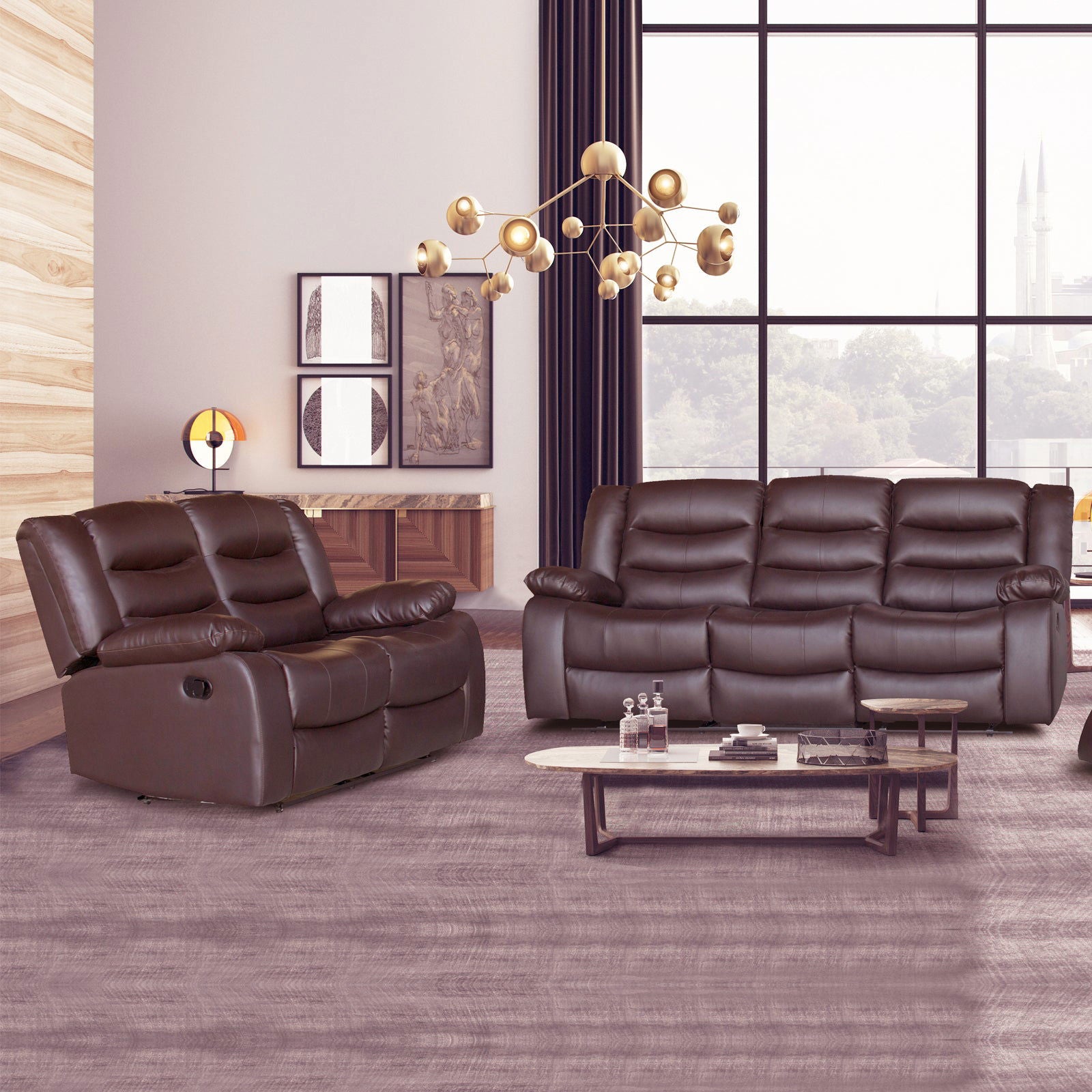 3+2 Seater Recliner Sofa In Faux Leather Lounge Couch in Brown - Cosy Abode