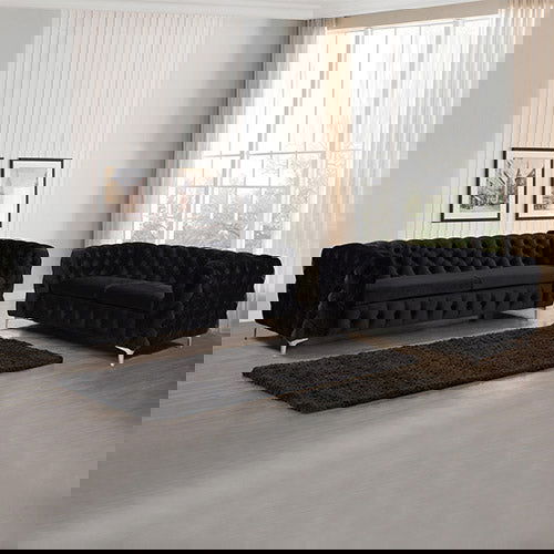 3+2 Seater Sofa Classic Button Tufted Lounge in Black Velvet Fabric with Metal Legs - Cosy Abode