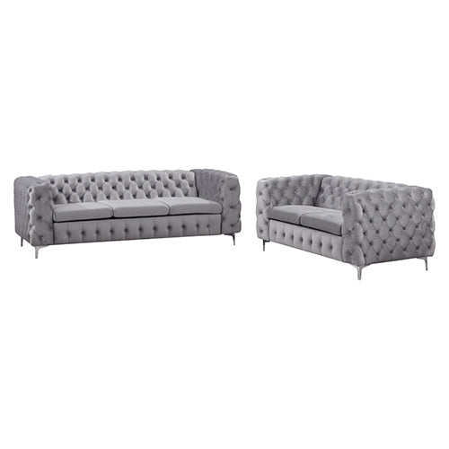 3+2 Seater Sofa Classic Button Tufted Lounge in Grey Velvet Fabric with Metal Legs - Cosy Abode