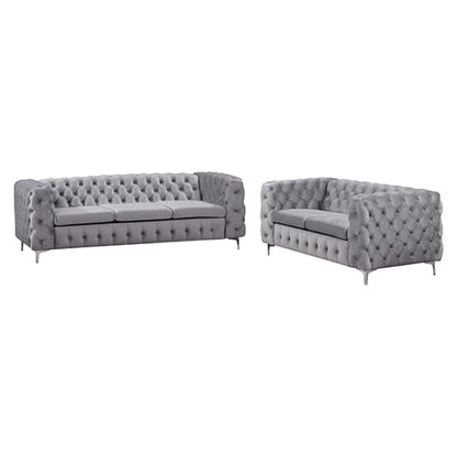 3+2 Seater Sofa Classic Button Tufted Lounge in Grey Velvet Fabric with Metal Legs - Cosy Abode