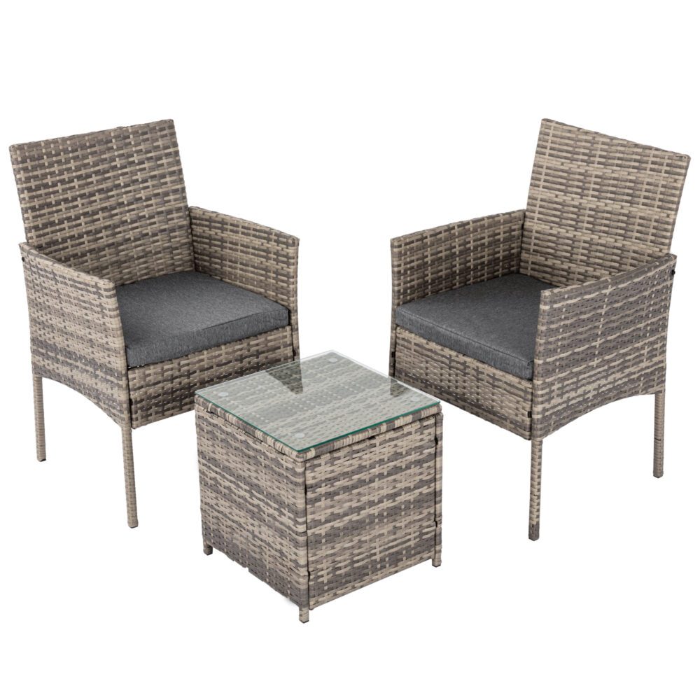 3 Pc Rattan Outdoor Furniture Set with Table - Mixed Grey - Cosy Abode
