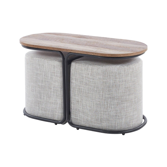 3 Piece Set Coffee Table & Ottoman Wood Side End Table Industrial - CREAM GREY - Cosy Abode