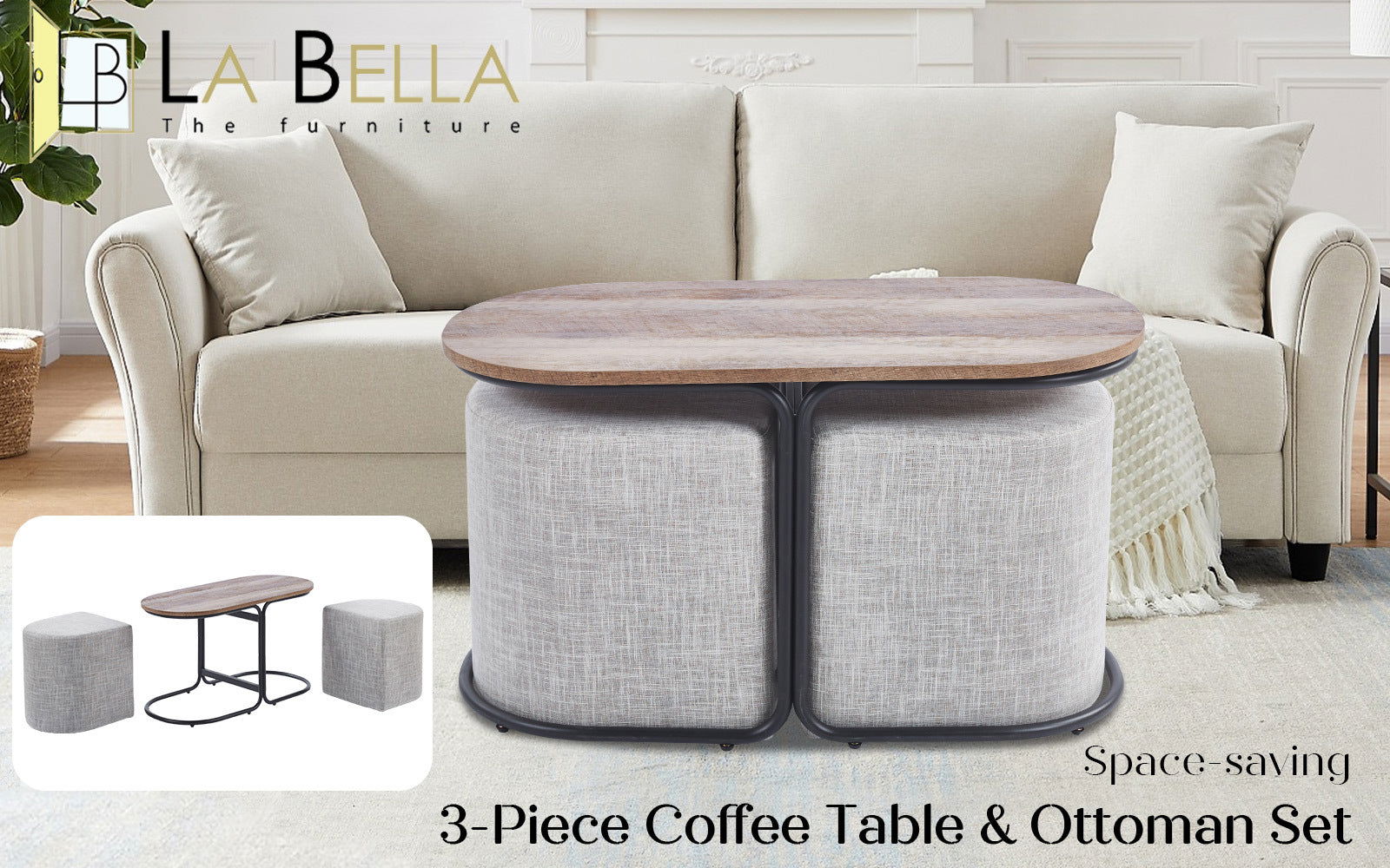 3 Piece Set Coffee Table & Ottoman Wood Side End Table Industrial - CREAM GREY - Cosy Abode
