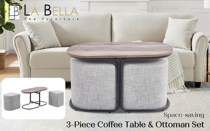 3 Piece Set Coffee Table & Ottoman Wood Side End Table Industrial - CREAM GREY - Cosy Abode