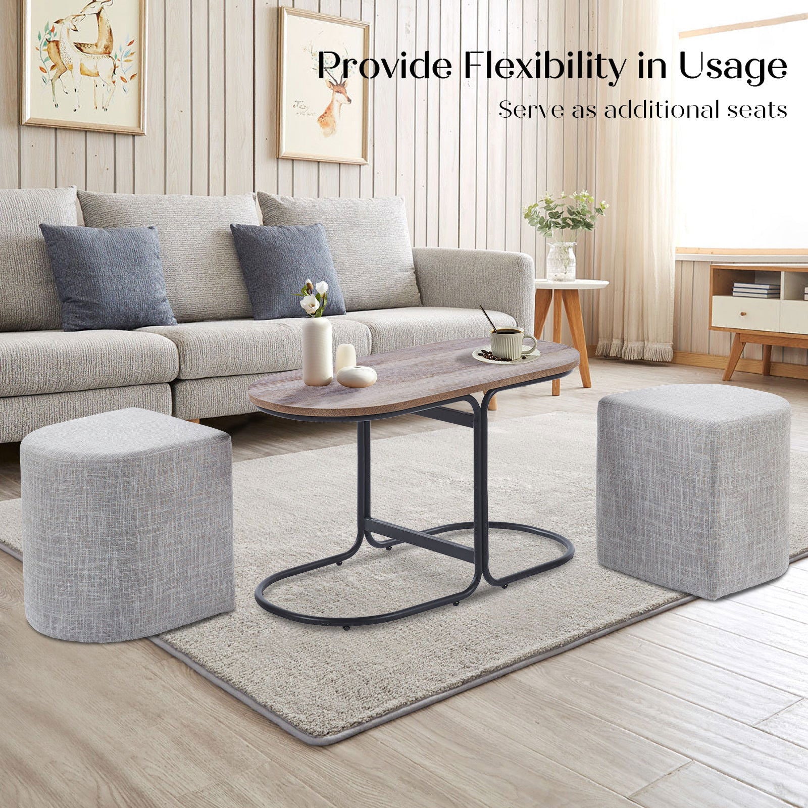 3 Piece Set Coffee Table & Ottoman Wood Side End Table Industrial - CREAM GREY - Cosy Abode