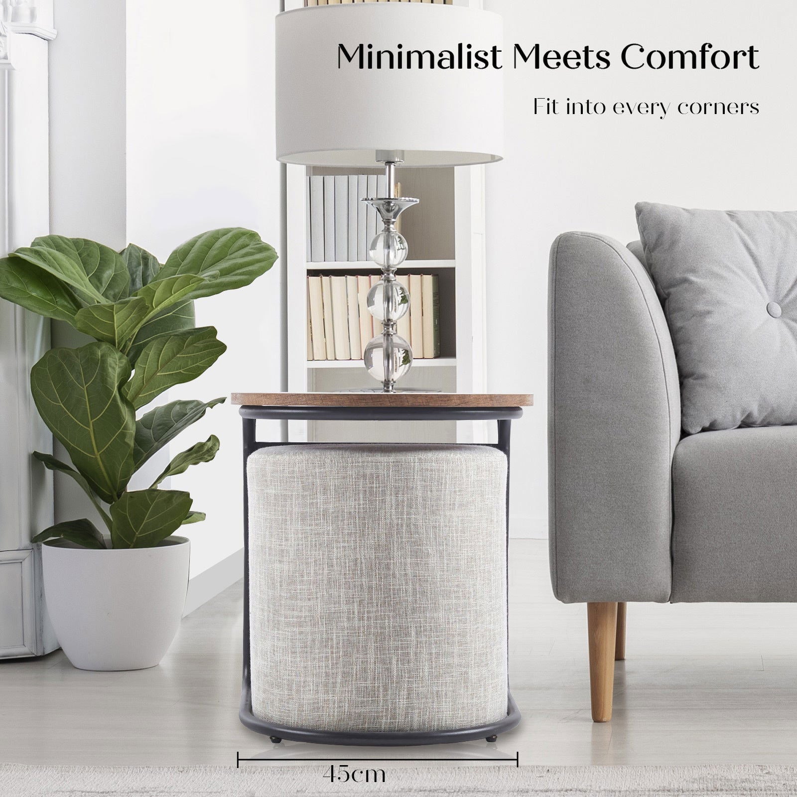 3 Piece Set Coffee Table & Ottoman Wood Side End Table Industrial - CREAM GREY - Cosy Abode