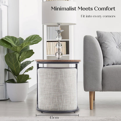 3 Piece Set Coffee Table & Ottoman Wood Side End Table Industrial - CREAM GREY - Cosy Abode