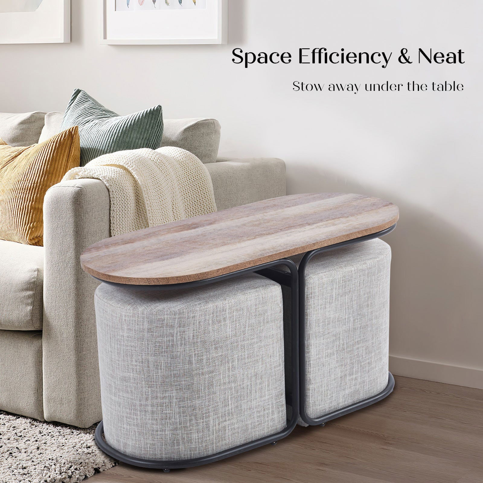 3 Piece Set Coffee Table & Ottoman Wood Side End Table Industrial - CREAM GREY - Cosy Abode
