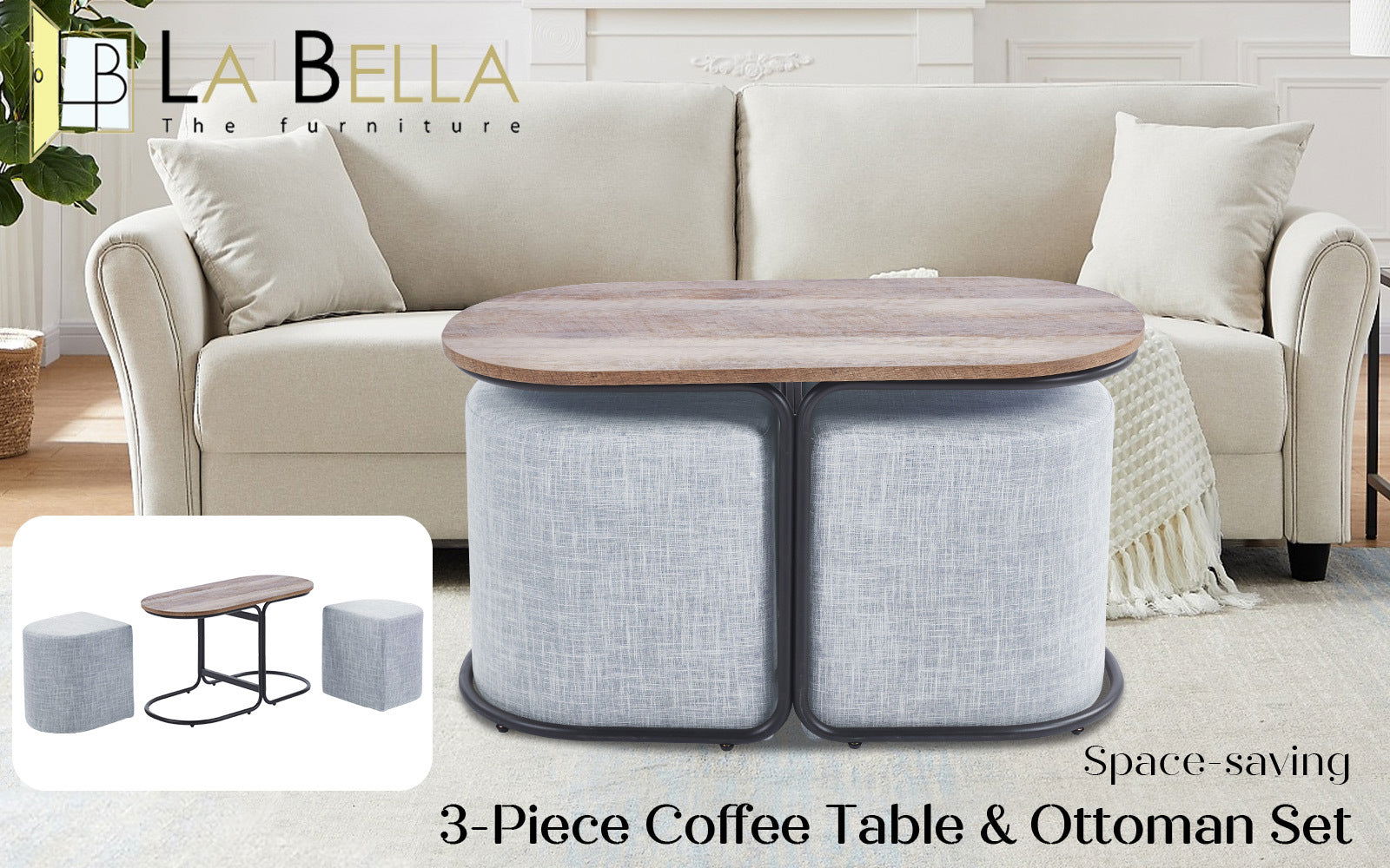 3 Piece Set Coffee Table & Ottoman Wood Side End Table Industrial - DARK GREY - Cosy Abode