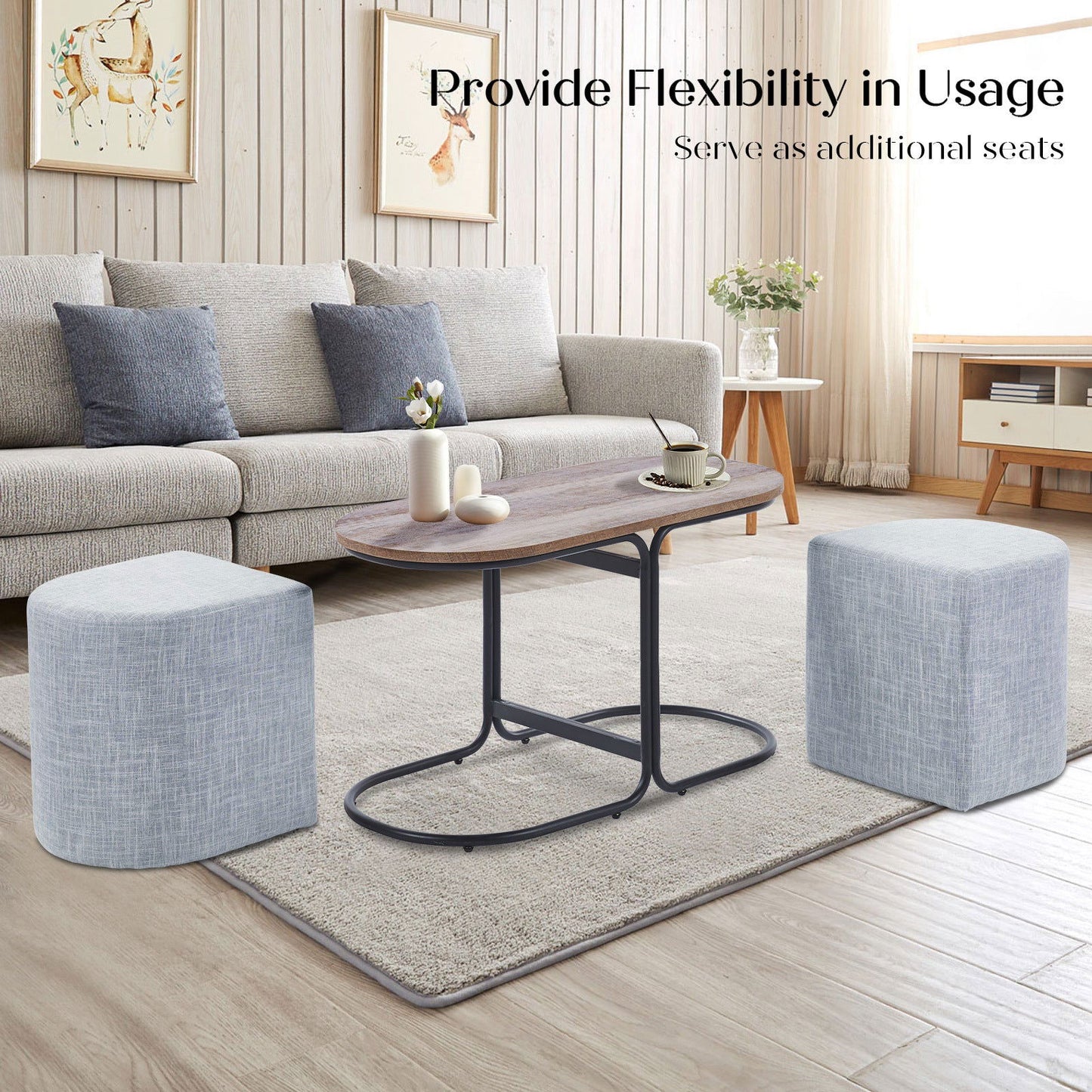 3 Piece Set Coffee Table & Ottoman Wood Side End Table Industrial - DARK GREY - Cosy Abode